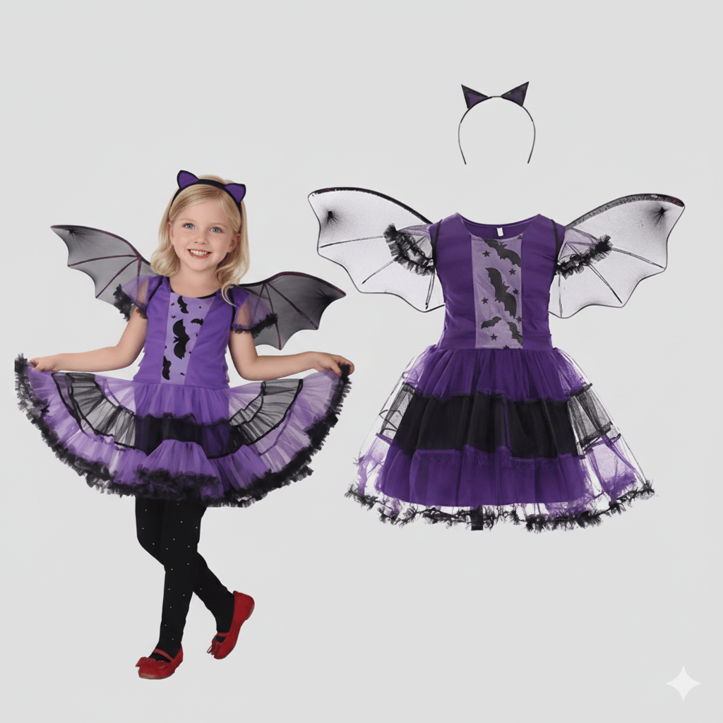 Dress + Wings + Headband / 2T Girl's Purple Bat Costume with Wings and Headband