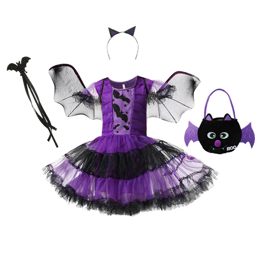 Dress + Wings + Headband + Staff + Trick-or-Treat Bag / 2T Girl's Purple Bat Costume with Wings and Headband