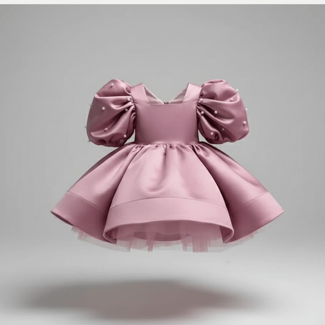 Pink / 1-2T Girl's Satin Puff Sleeve Party Dress