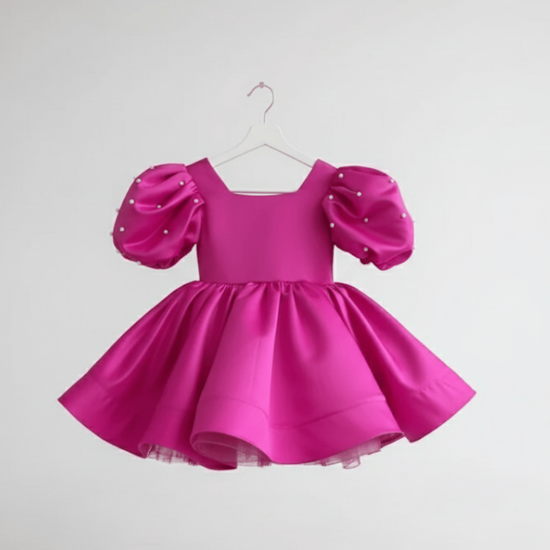 Rose Red / 1-2T Girl's Satin Puff Sleeve Party Dress