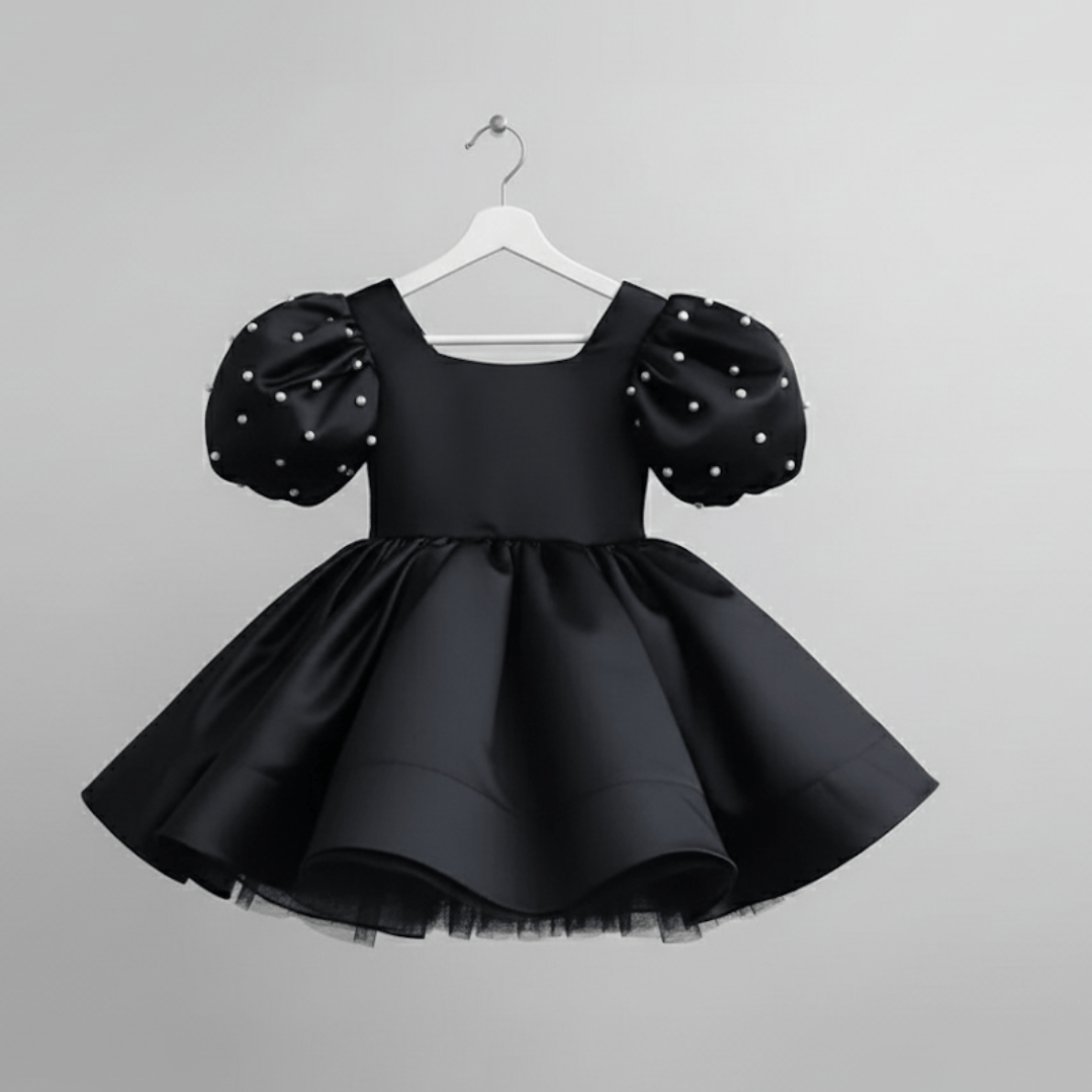 Black / 1-2T Girl's Satin Puff Sleeve Party Dress