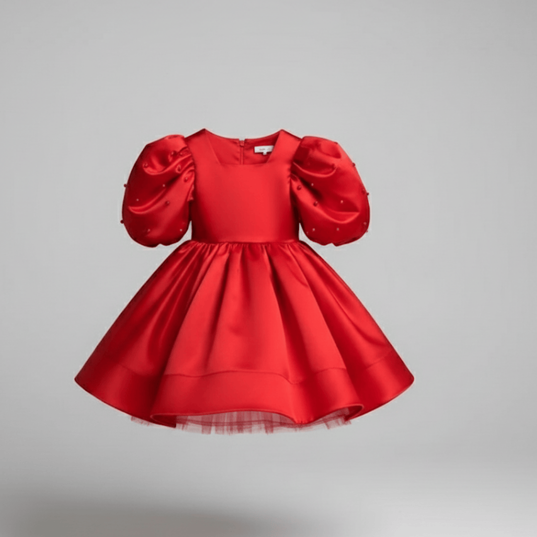 Red / 1-2T Girl's Satin Puff Sleeve Party Dress