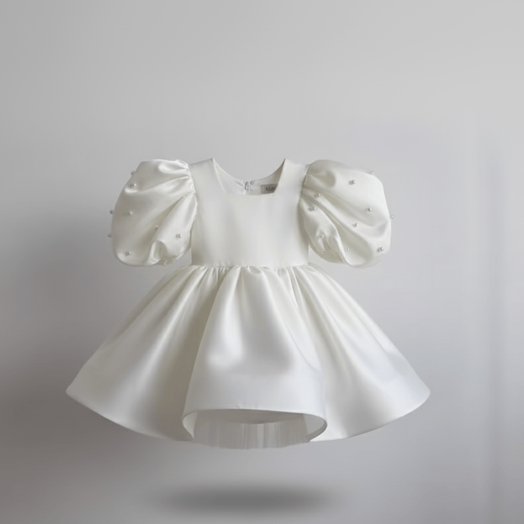 Milky White / 1-2T Girl's Satin Puff Sleeve Party Dress