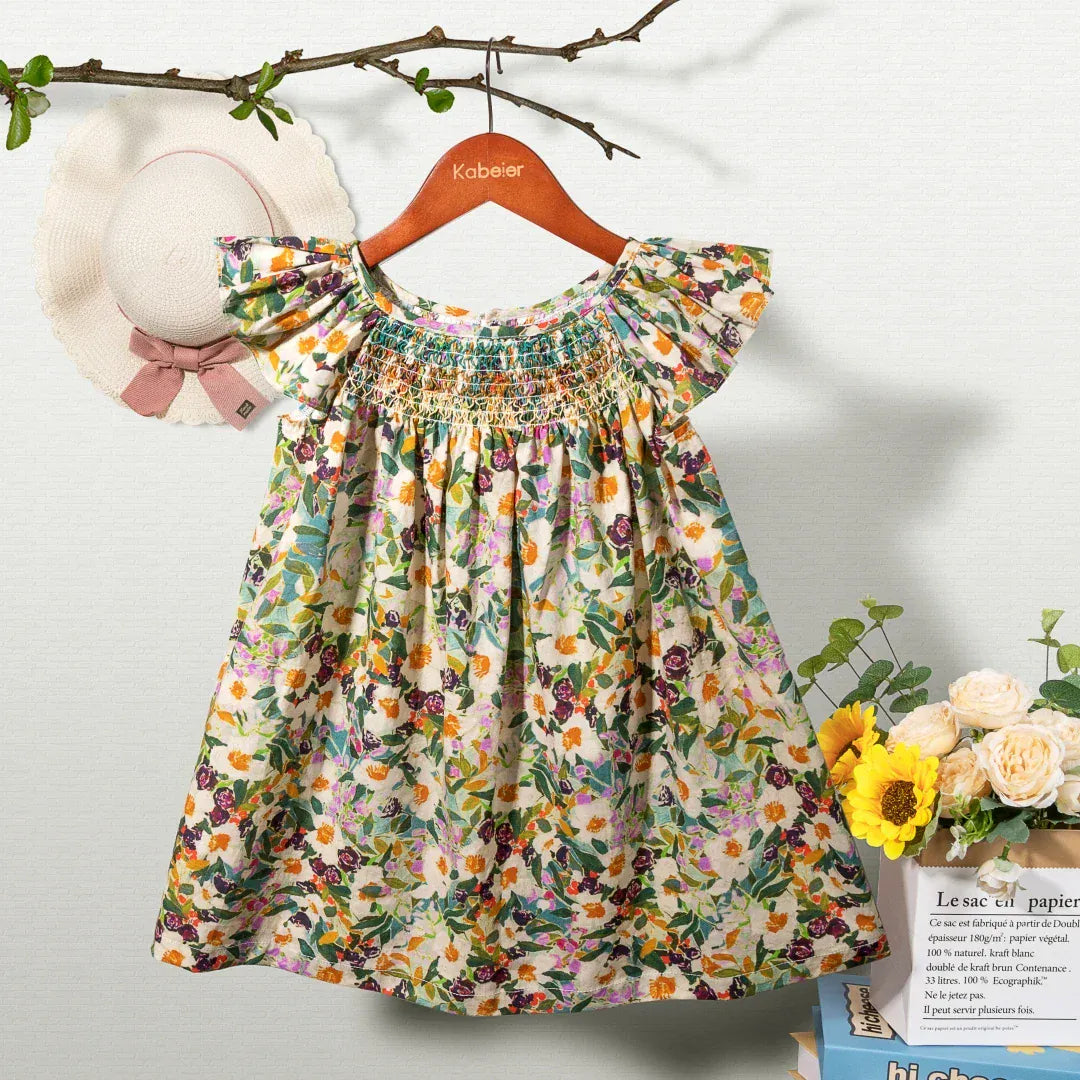 Vintage Garden Print / 12M Girl Summer Floral Smocked Dress