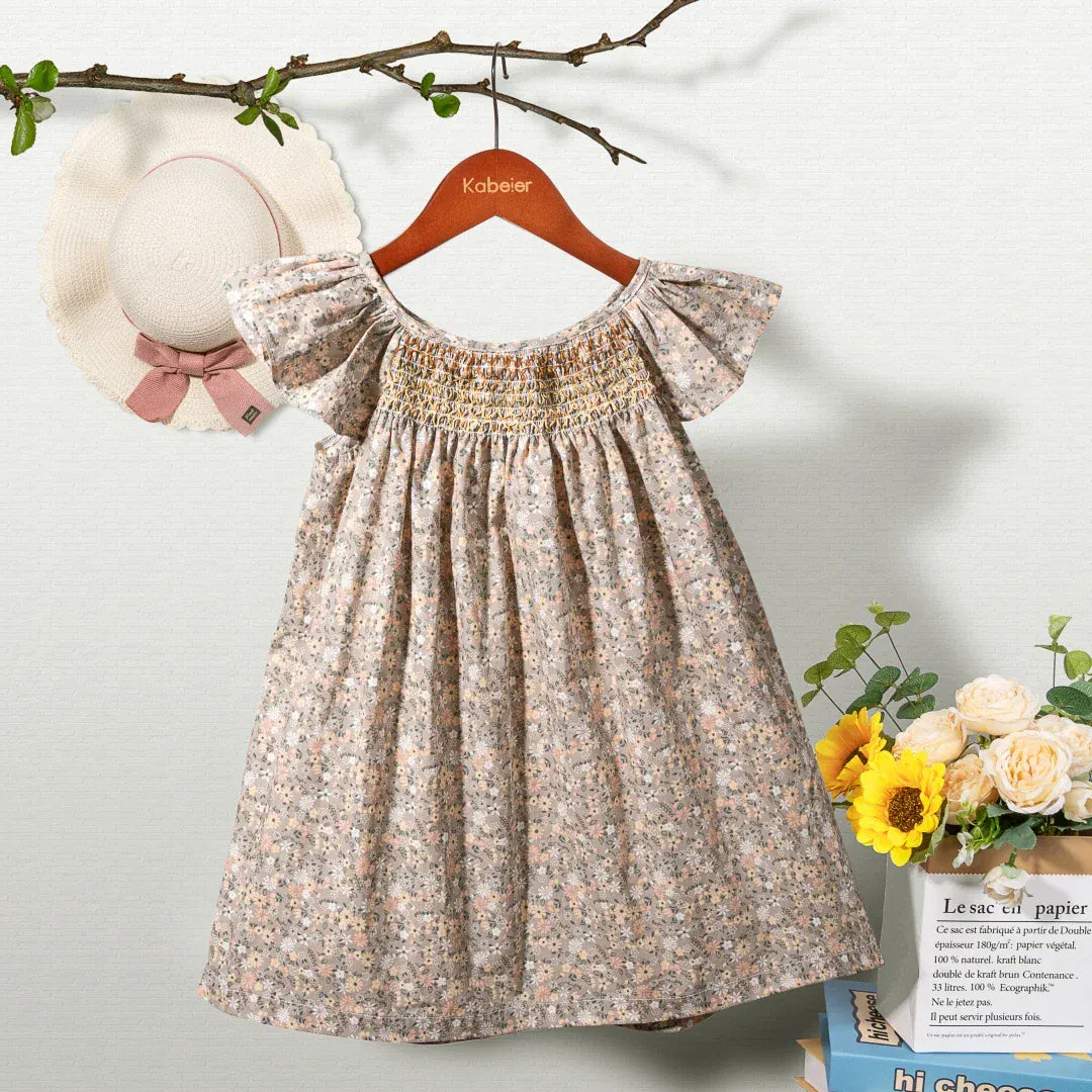 Mocha Beige Blossom / 12M Girl Summer Floral Smocked Dress
