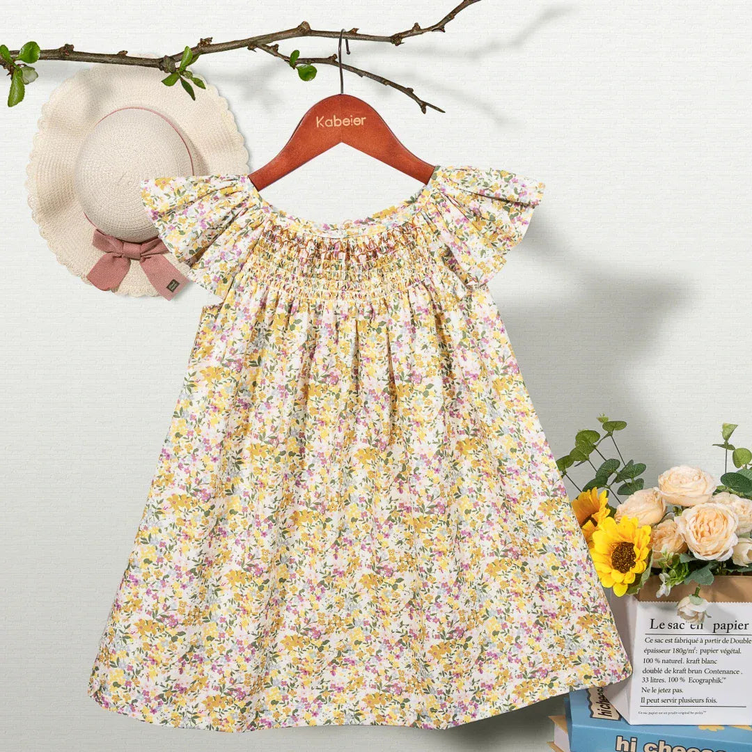 Lemon Yellow Floral / 12M Girl Summer Floral Smocked Dress