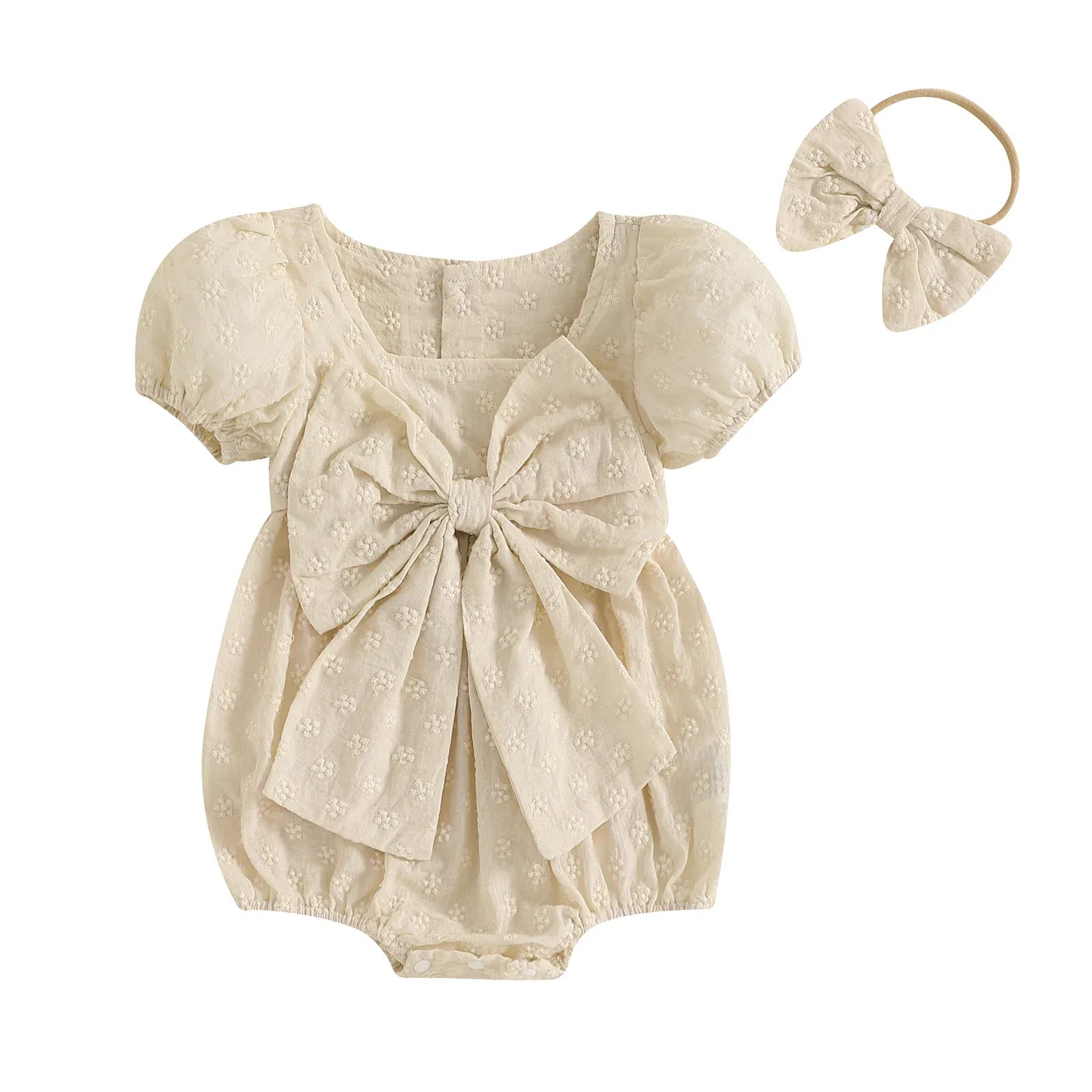 Beige / 0-3M Girl Summer Romper with Bow Headband