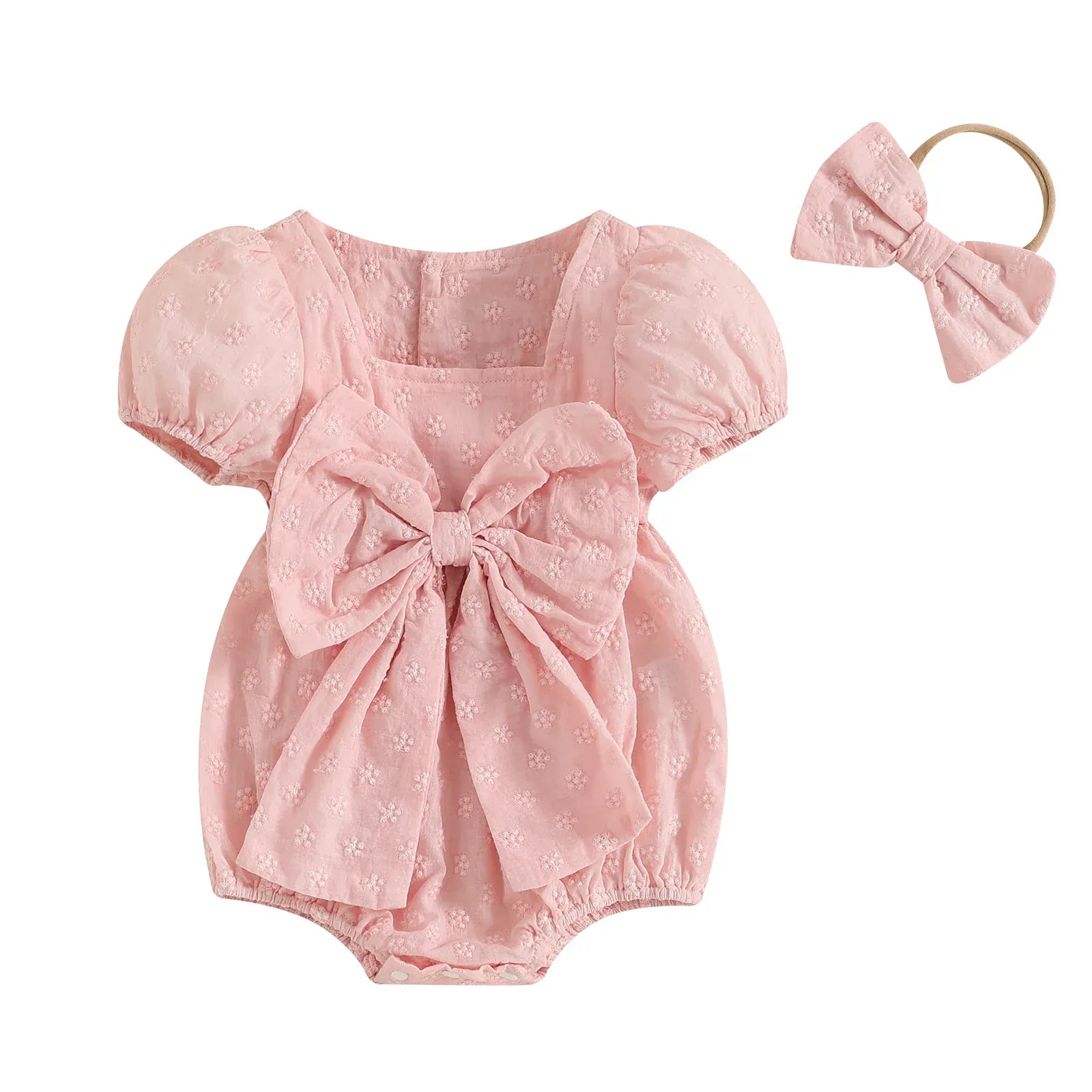 Pink / 0-3M Girl Summer Romper with Bow Headband