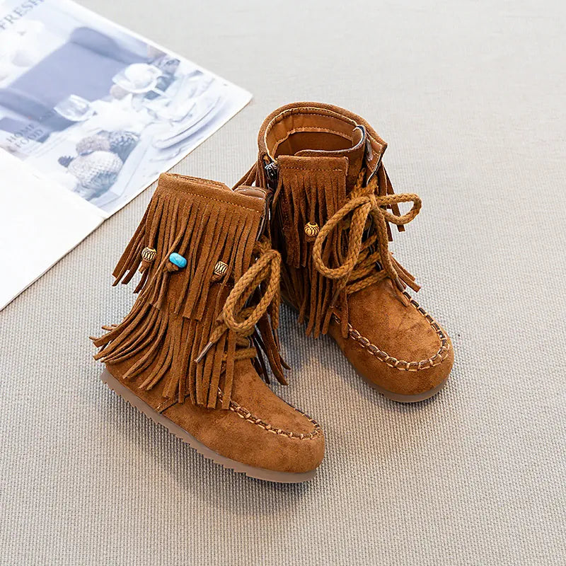 Girls Ankle Boots - Suede Beaded Fringe Retro Winter Shoes