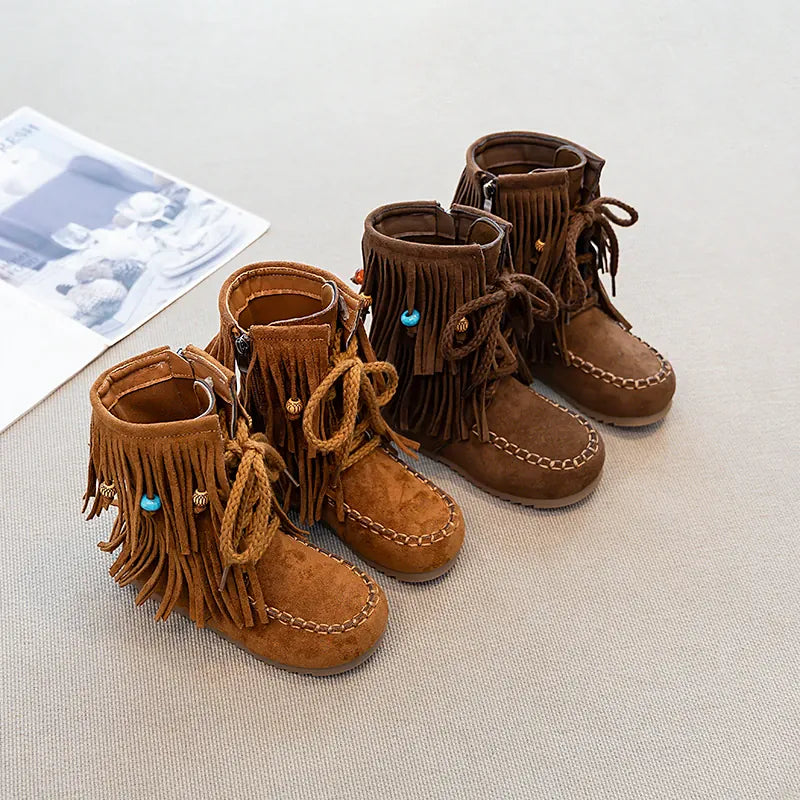 Girls Ankle Boots - Suede Beaded Fringe Retro Winter Shoes