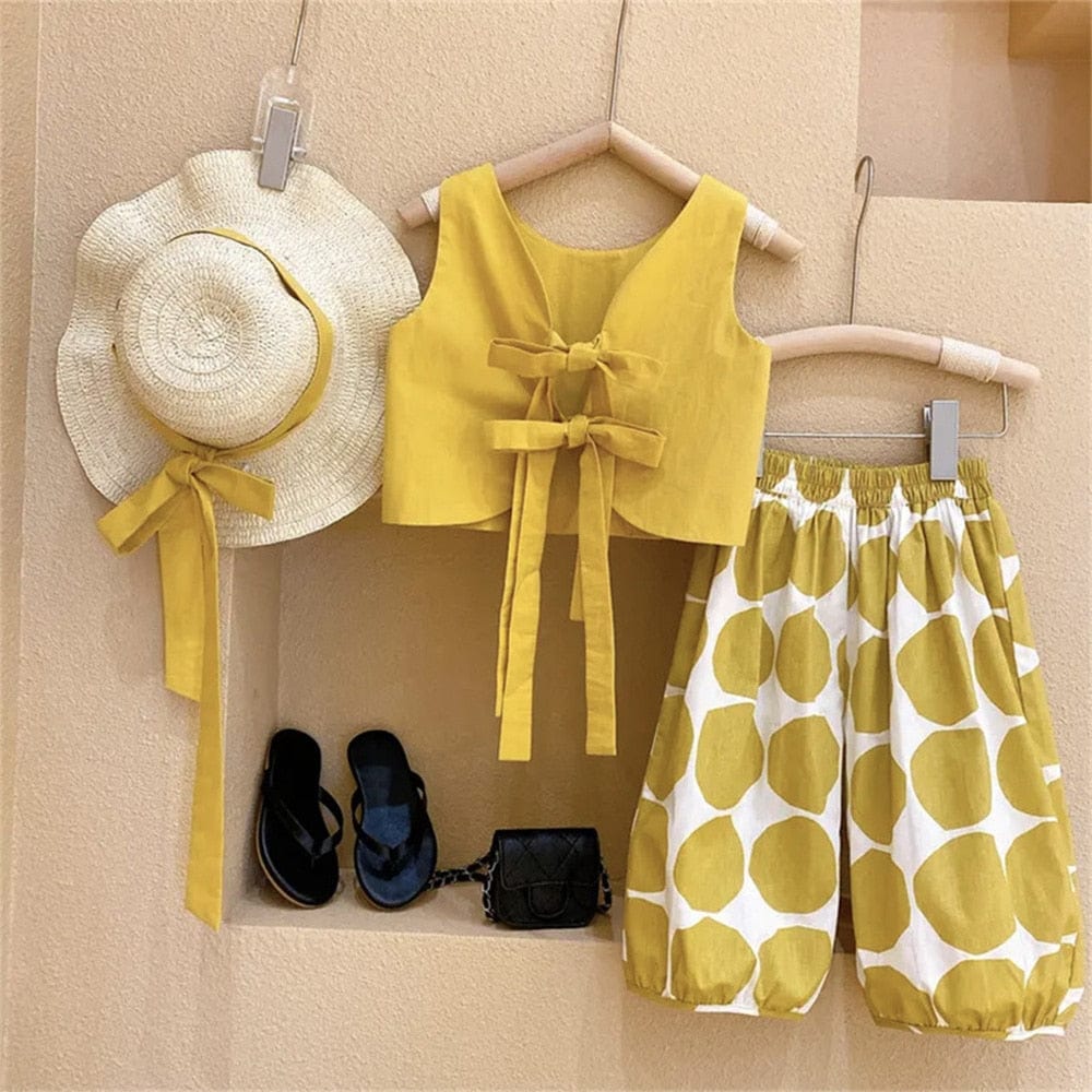 Baby & Toddler Mustard / 2T Girls' Backless Top with Polka Dot Bloomers and Sun Hat