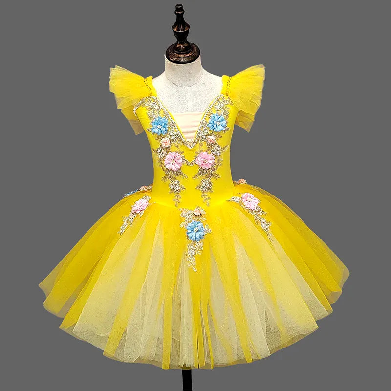 Yellow / 4-5T Girls Ballet Tutu Dress with Embroidery