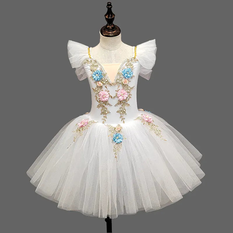 White / 4-5T Girls Ballet Tutu Dress with Embroidery