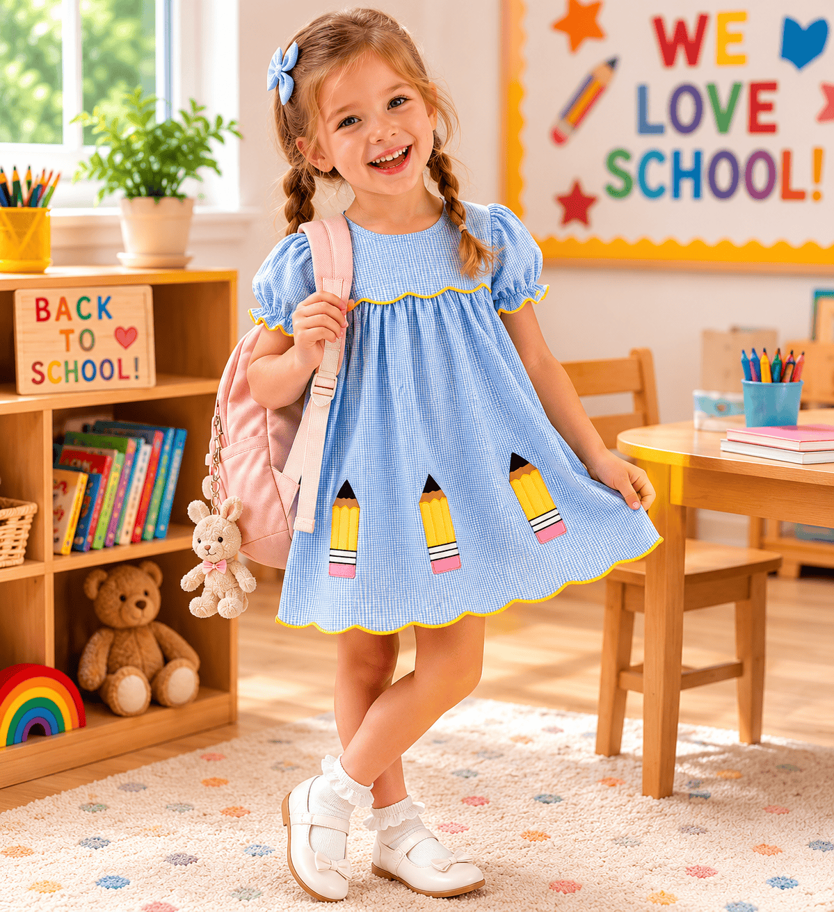 Girls Blue Plaid Pencil Appliqué Puff Sleeve A-Line Back-to-School Dress