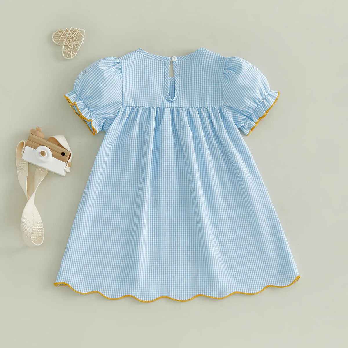 Girls Blue Plaid Pencil Appliqué Puff Sleeve A-Line Back-to-School Dress