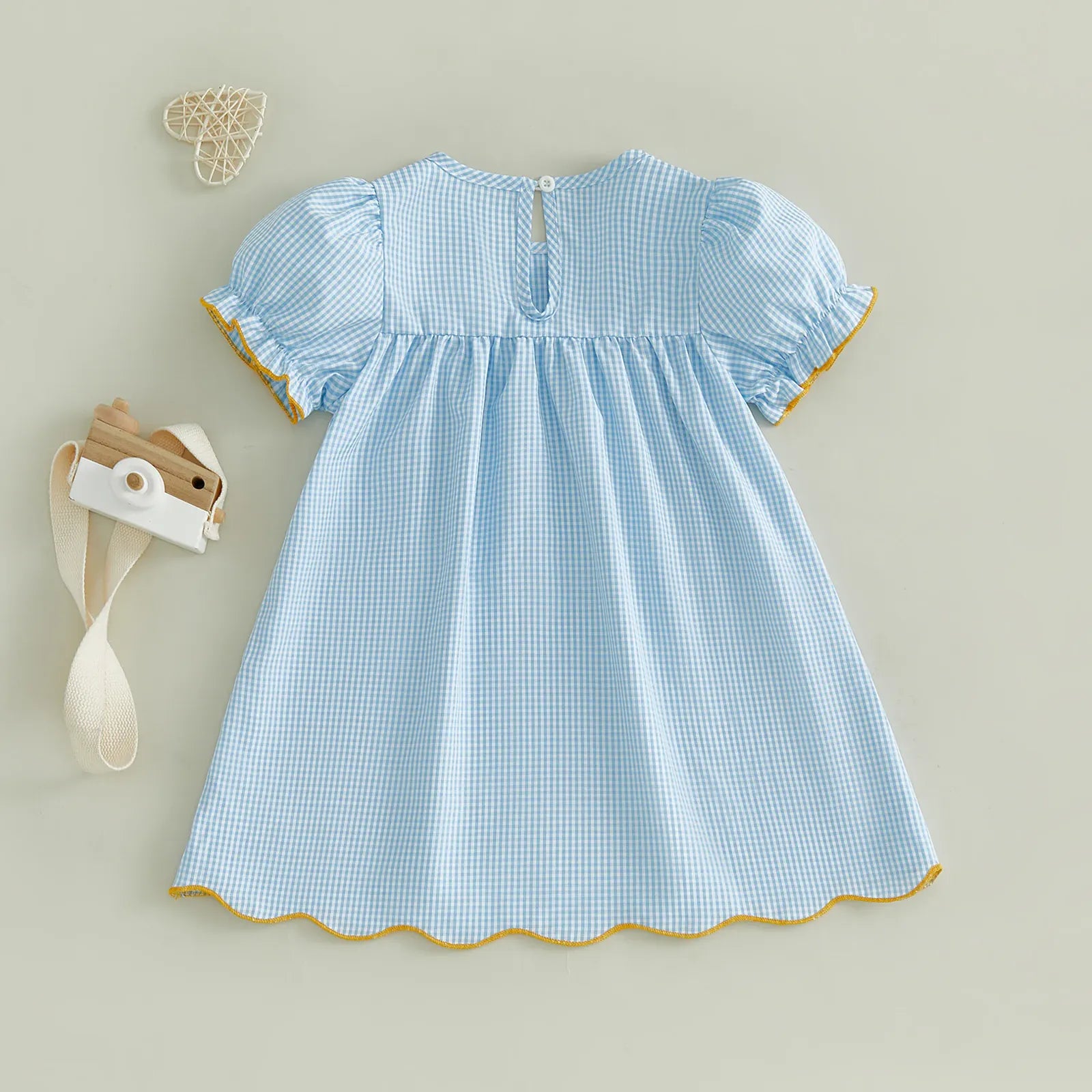 Girls Blue Plaid Pencil Appliqué Puff Sleeve A-Line Back-to-School Dress