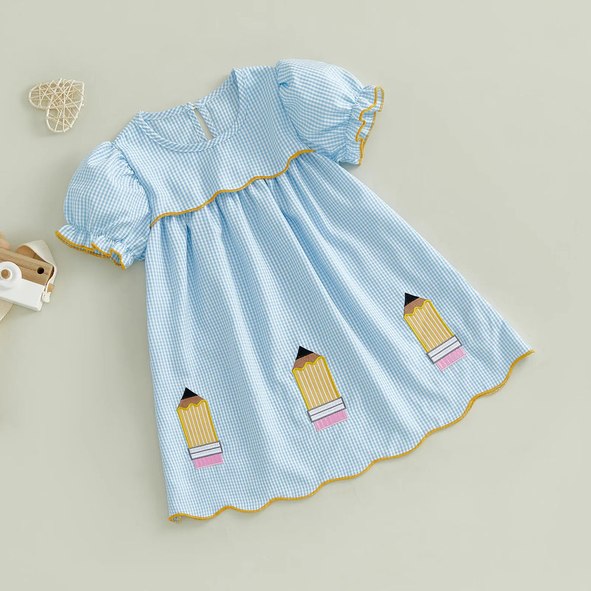 Girls Blue Plaid Pencil Appliqué Puff Sleeve A-Line Back-to-School Dress