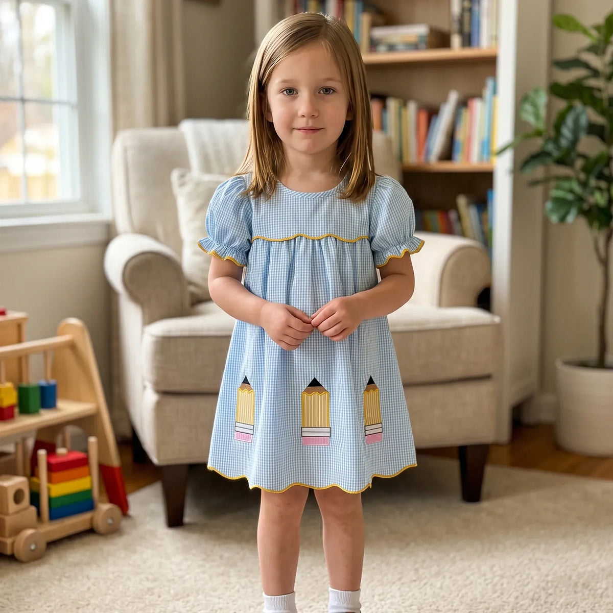 Girls Blue Plaid Pencil Appliqué Puff Sleeve A-Line Back-to-School Dress