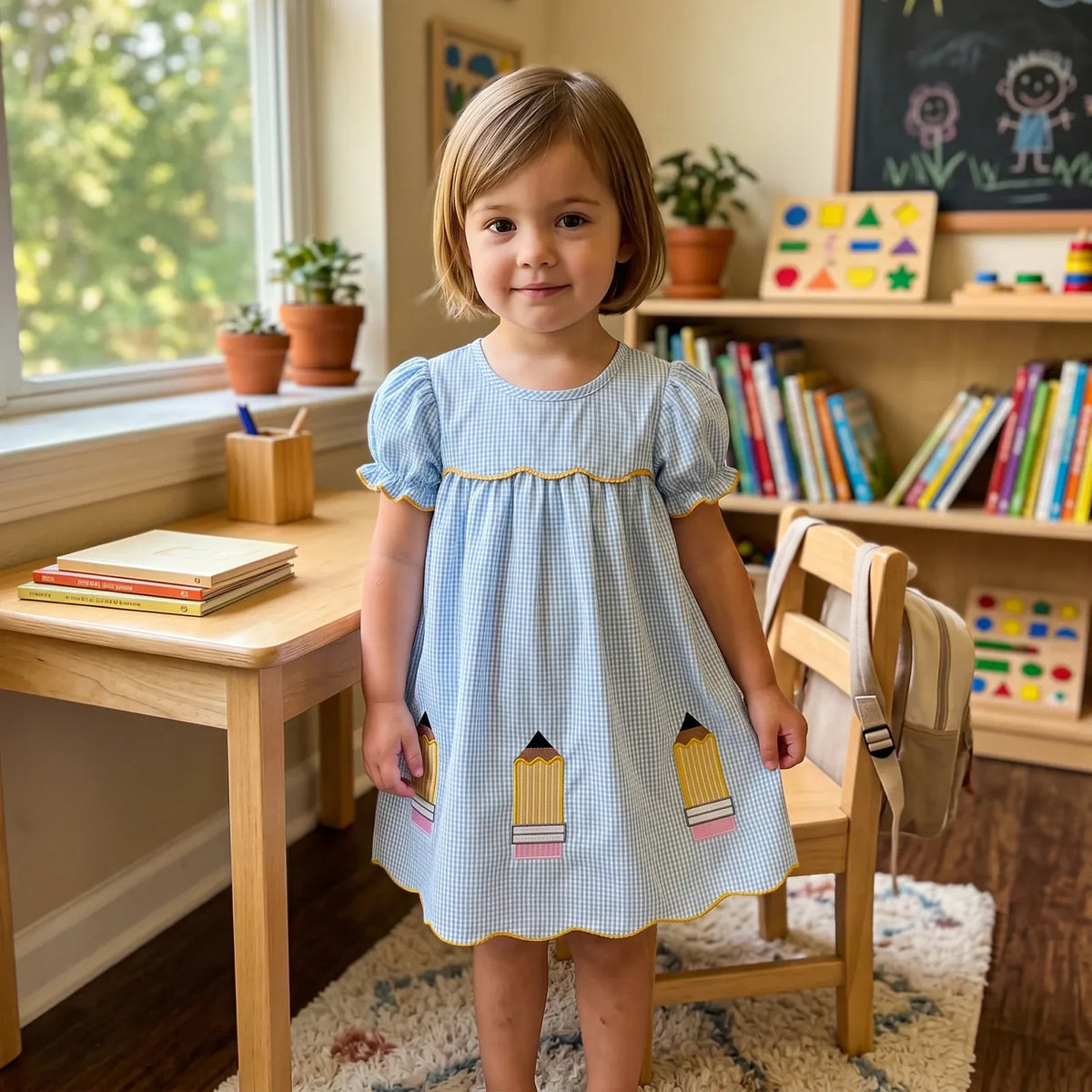 2-3T Girls Blue Plaid Pencil Appliqué Puff Sleeve A-Line Back-to-School Dress
