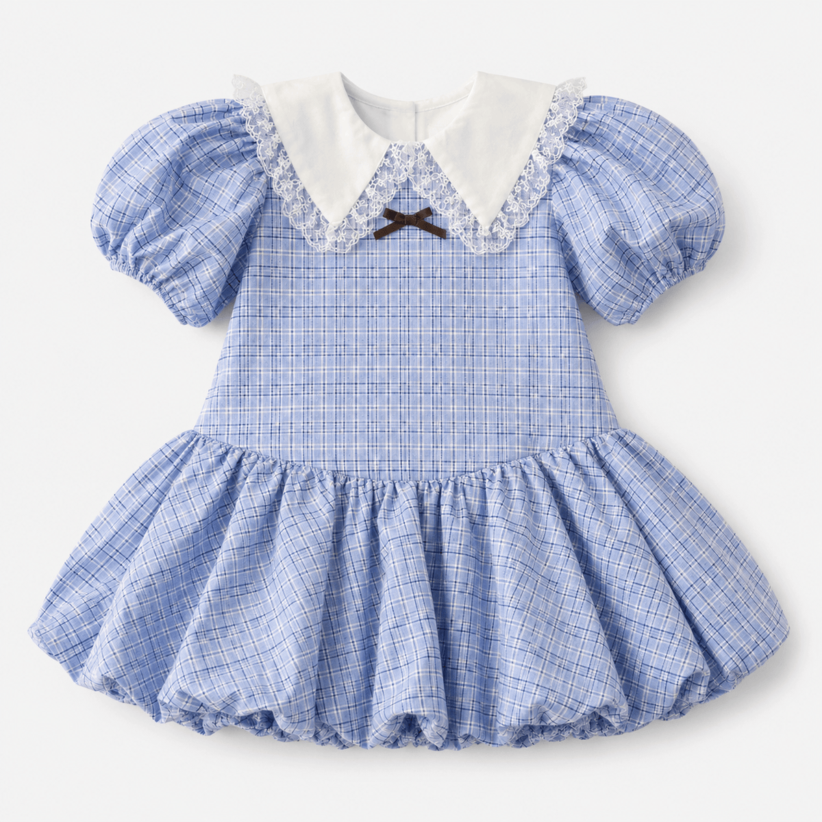 Girls Blue Plaid Puff Sleeve Lace Collar Bubble Hem Dress