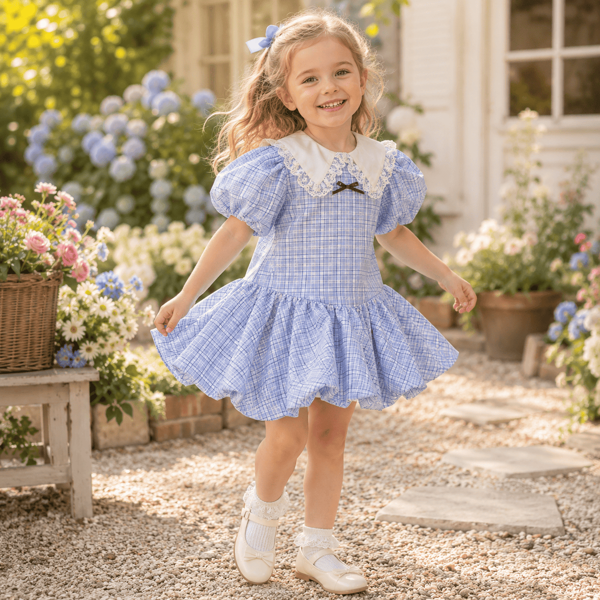 Girls Blue Plaid Puff Sleeve Lace Collar Bubble Hem Dress