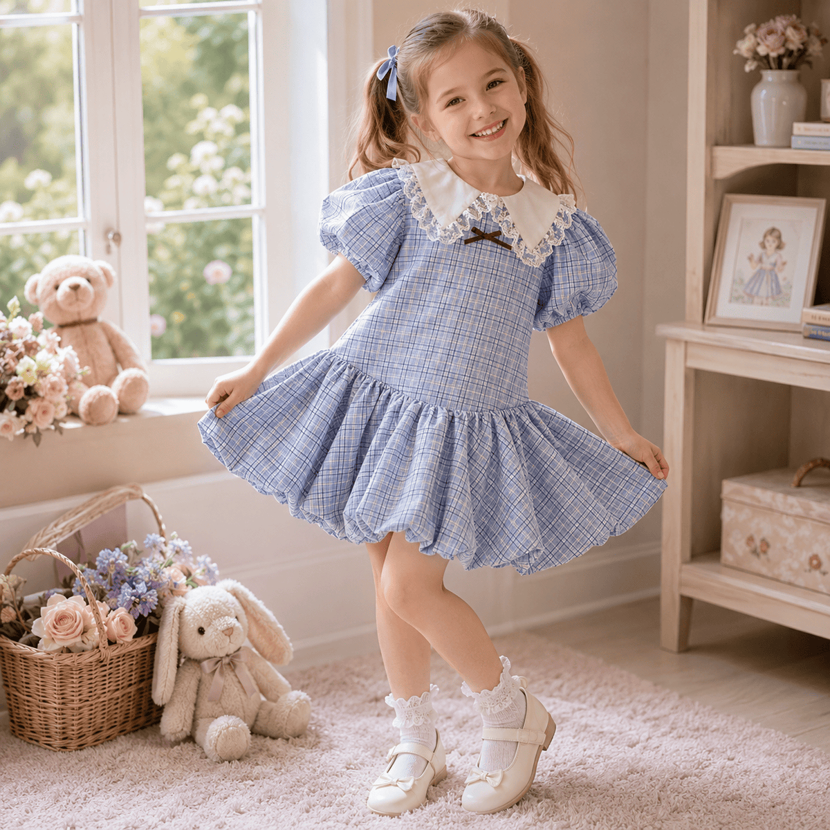 Girls Blue Plaid Puff Sleeve Lace Collar Bubble Hem Dress