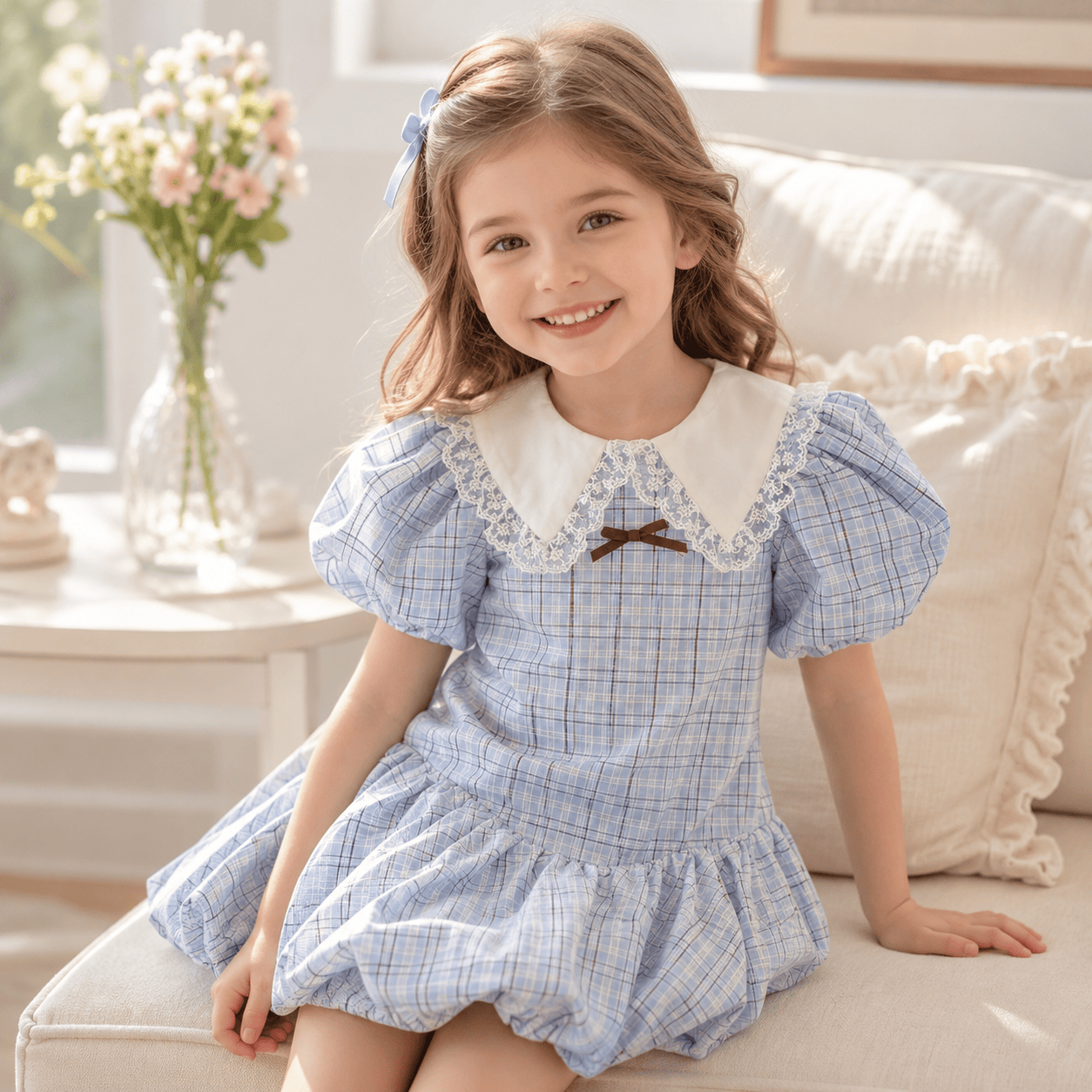 Girls Blue Plaid Puff Sleeve Lace Collar Bubble Hem Dress