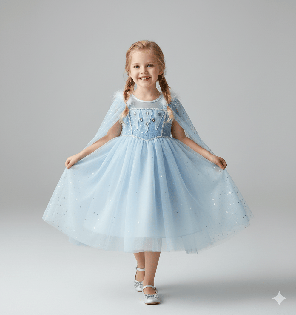 Girls' Blue Princess Dress with Detachable Shawl
