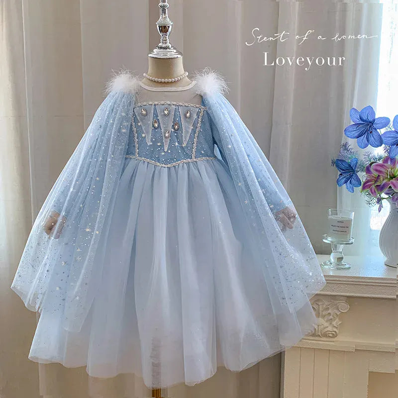 Blue / 2T Girls' Blue Princess Dress with Detachable Shawl