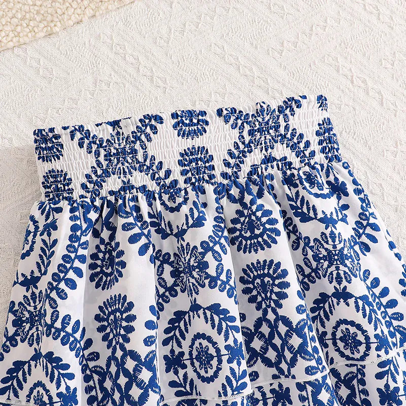 Girls Blue White Floral Smocked Spaghetti Strap Top & Tiered Skirt Set