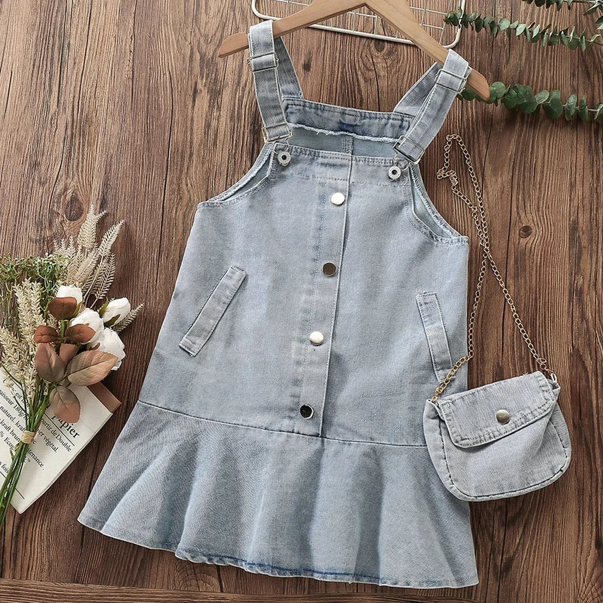 Denim Blue / 2T Girls' Denim Ruffle Dress with Purse