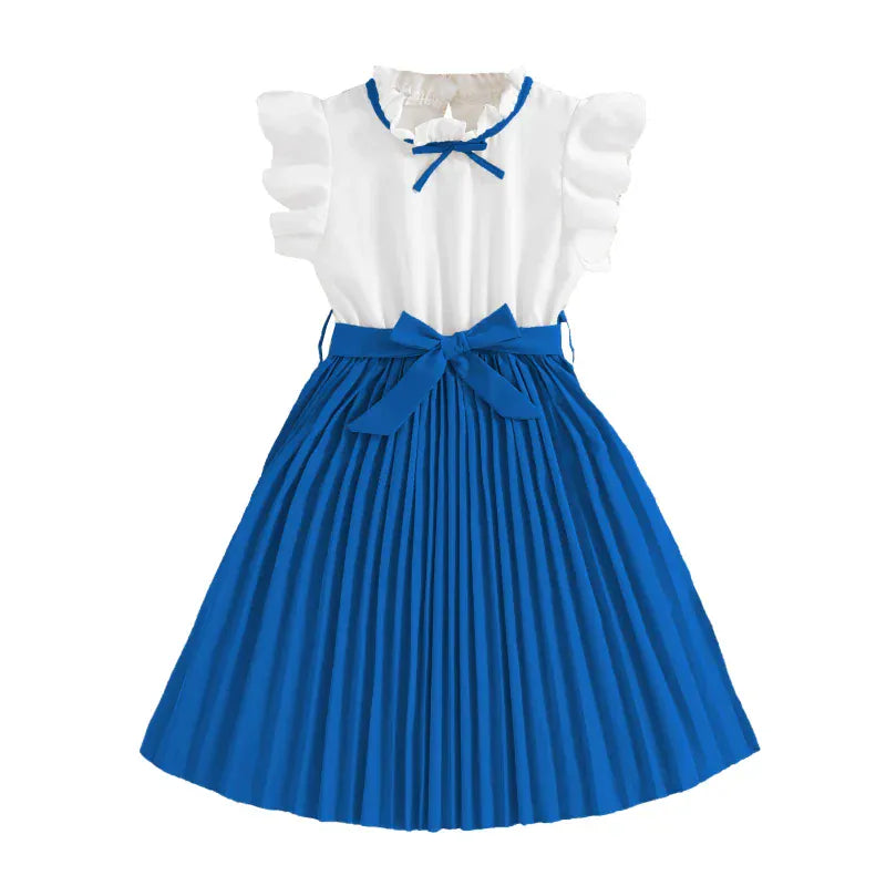 Blue / 8T Girls’ Elegant Party Dress with Bow Tie