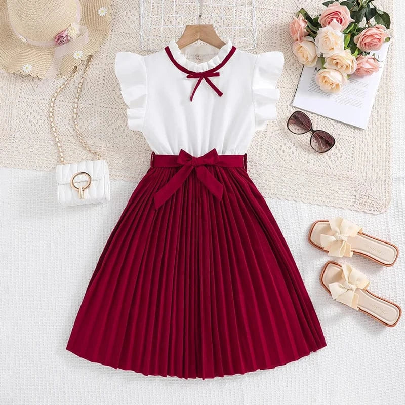 Red / 8T Girls’ Elegant Party Dress with Bow Tie