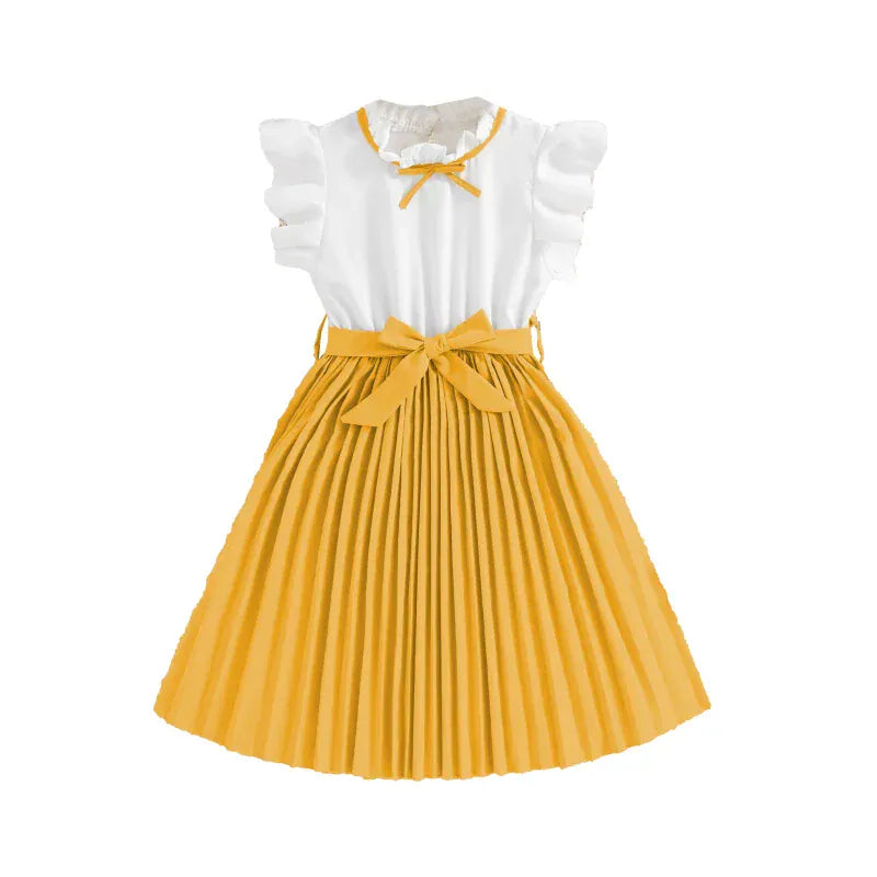 Yellow / 8T Girls’ Elegant Party Dress with Bow Tie