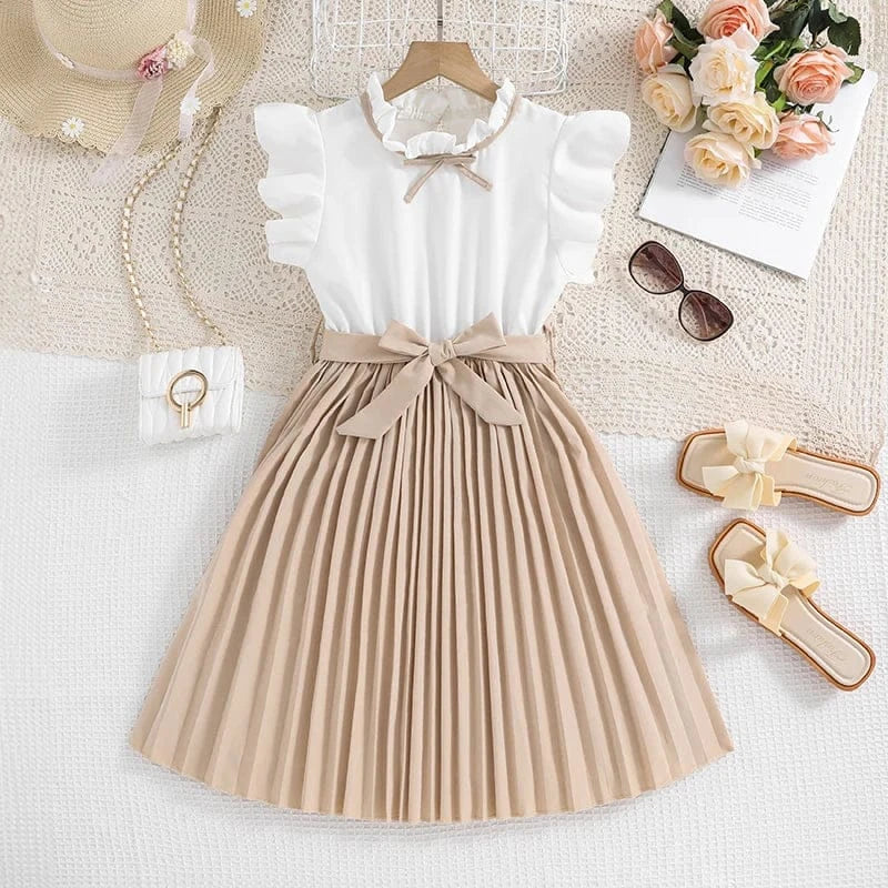 Khaki / 8T Girls’ Elegant Party Dress with Bow Tie