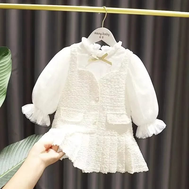 Girls Elegant Tweed Dress Set, White / 2T