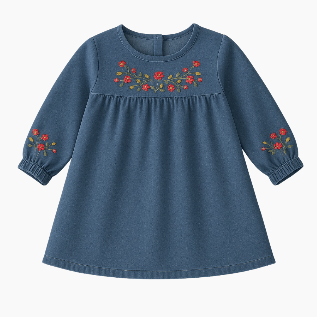 Girls Embroidered Long Sleeve Denim Dress