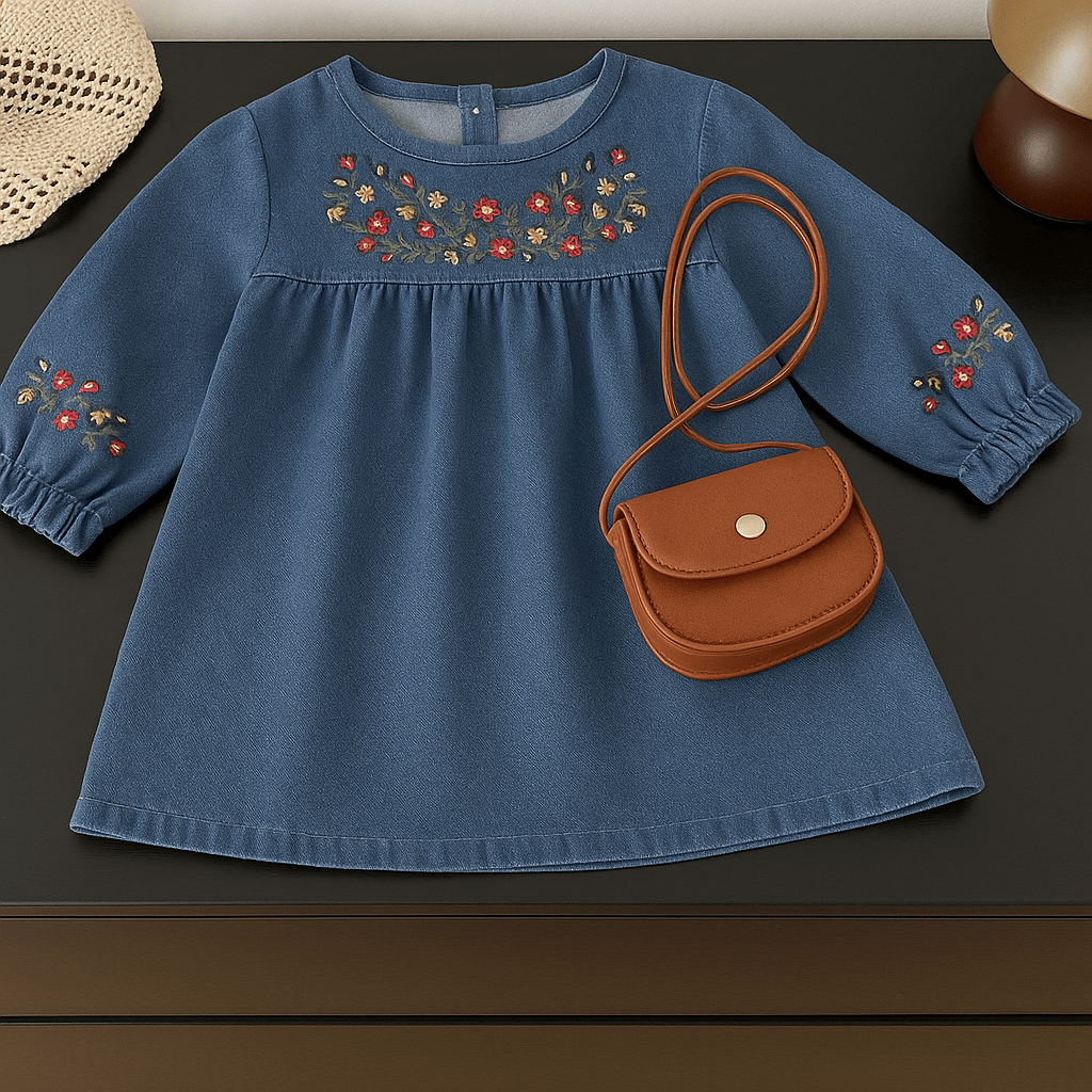 Girls Embroidered Long Sleeve Denim Dress