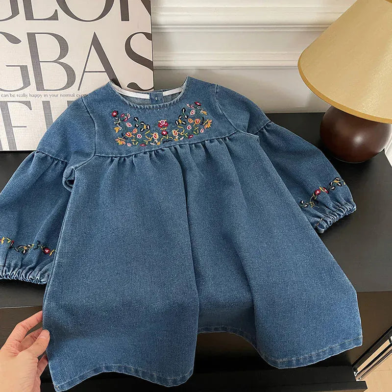 Girls Embroidered Long Sleeve Denim Dress