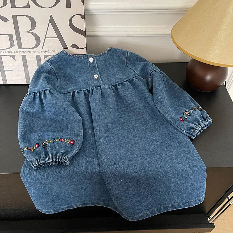 Girls Embroidered Long Sleeve Denim Dress