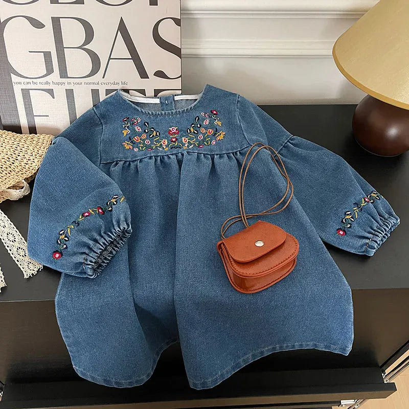 Girls Embroidered Long Sleeve Denim Dress