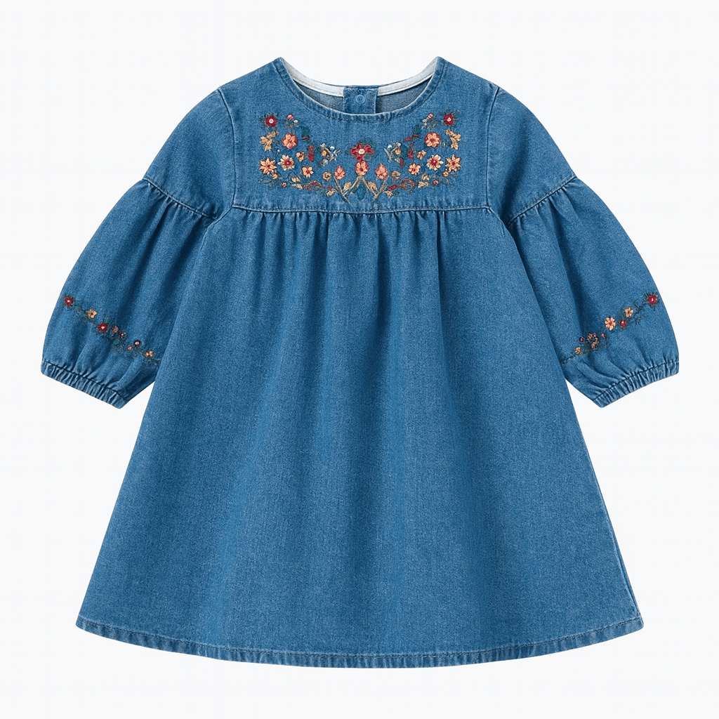 blue / 2T Girls Embroidered Long Sleeve Denim Dress