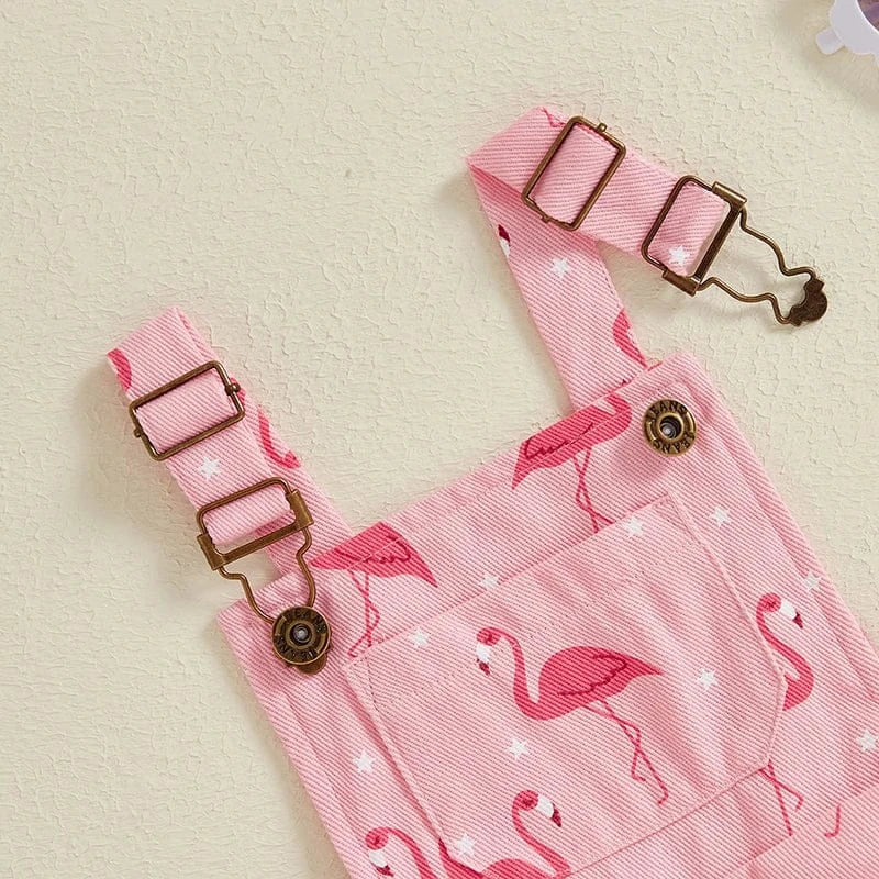 Girls Flamingo Print Denim Overalls