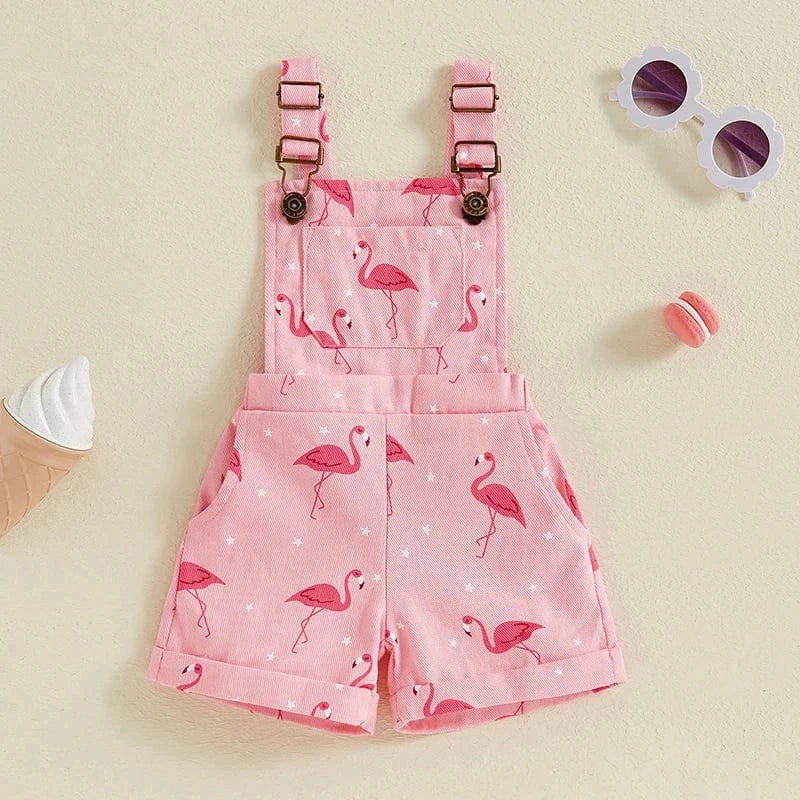 6-12M Girls Flamingo Print Denim Overalls