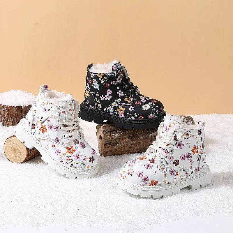 Girls Floral Leather Warm Plush Snow Boots