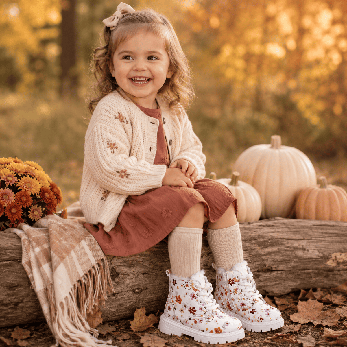 Girls Floral Leather Warm Plush Snow Boots