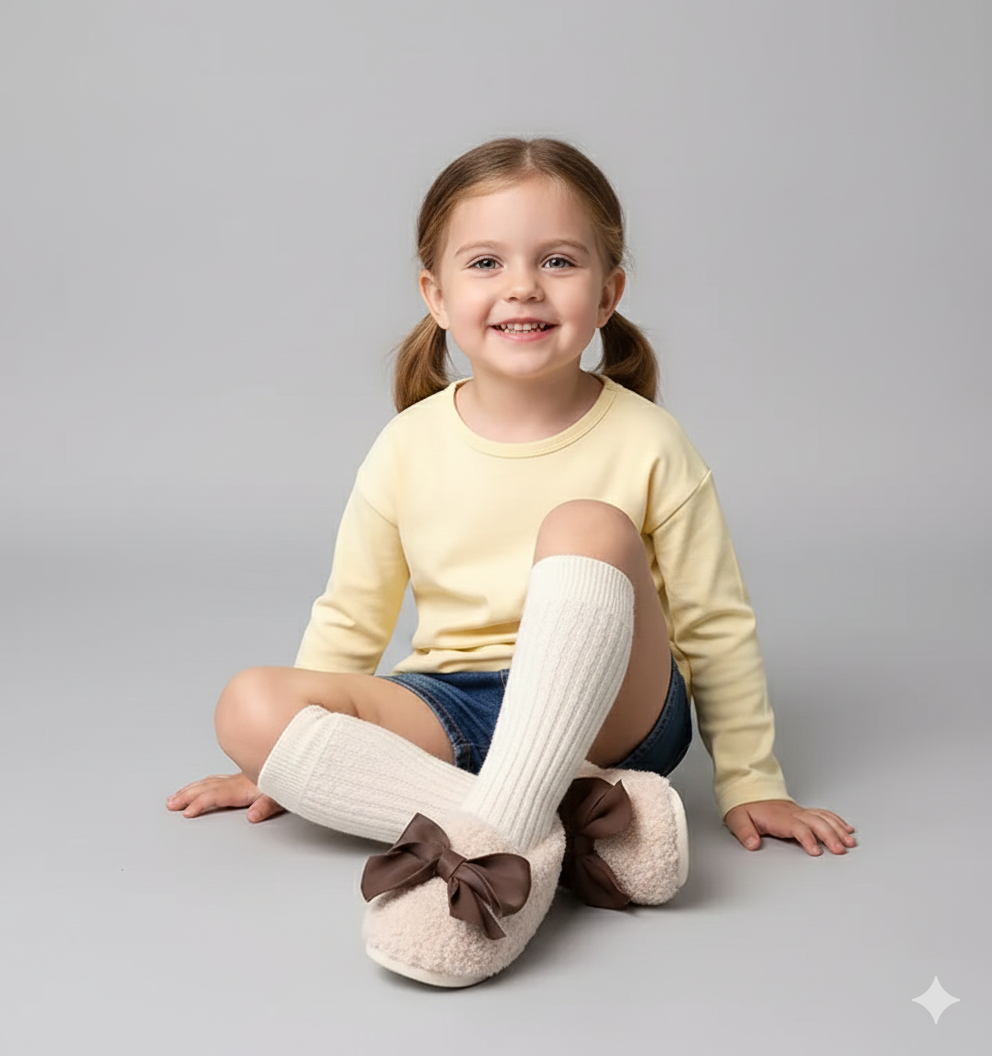 Girls' Fluffy Winter Flats with Bow