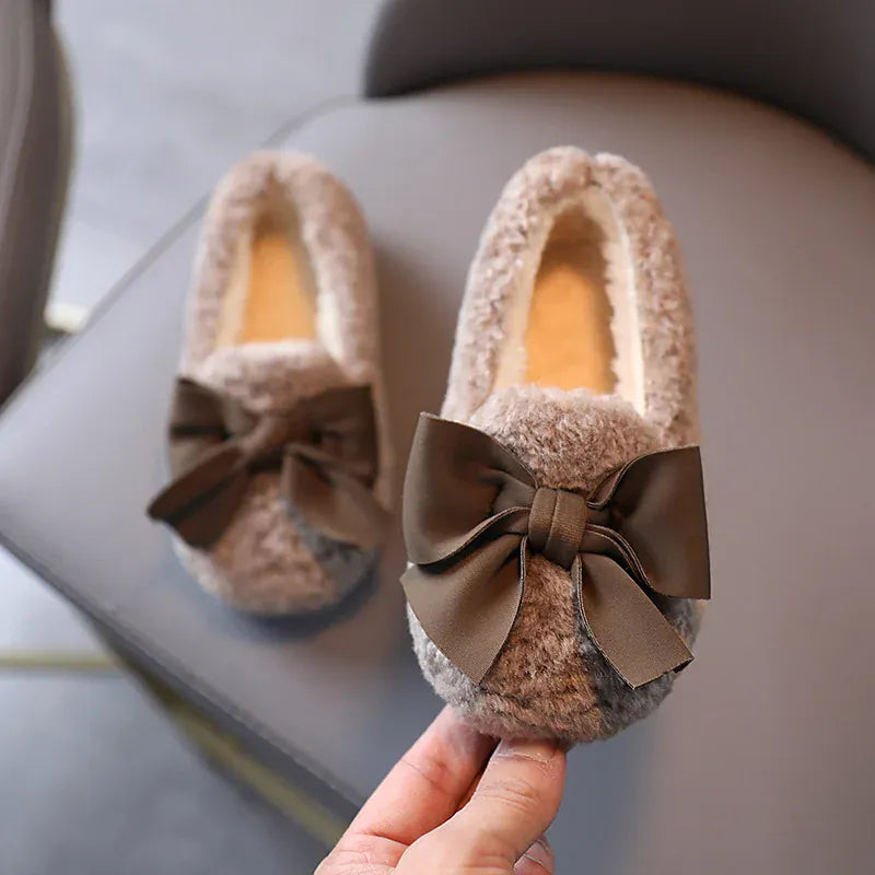 Khaki / 21 Girls' Fluffy Winter Flats with Bow
