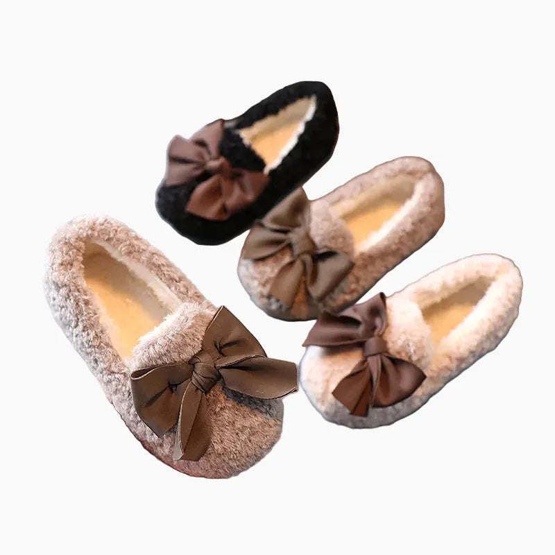 Girls' Fluffy Winter Flats with Bow