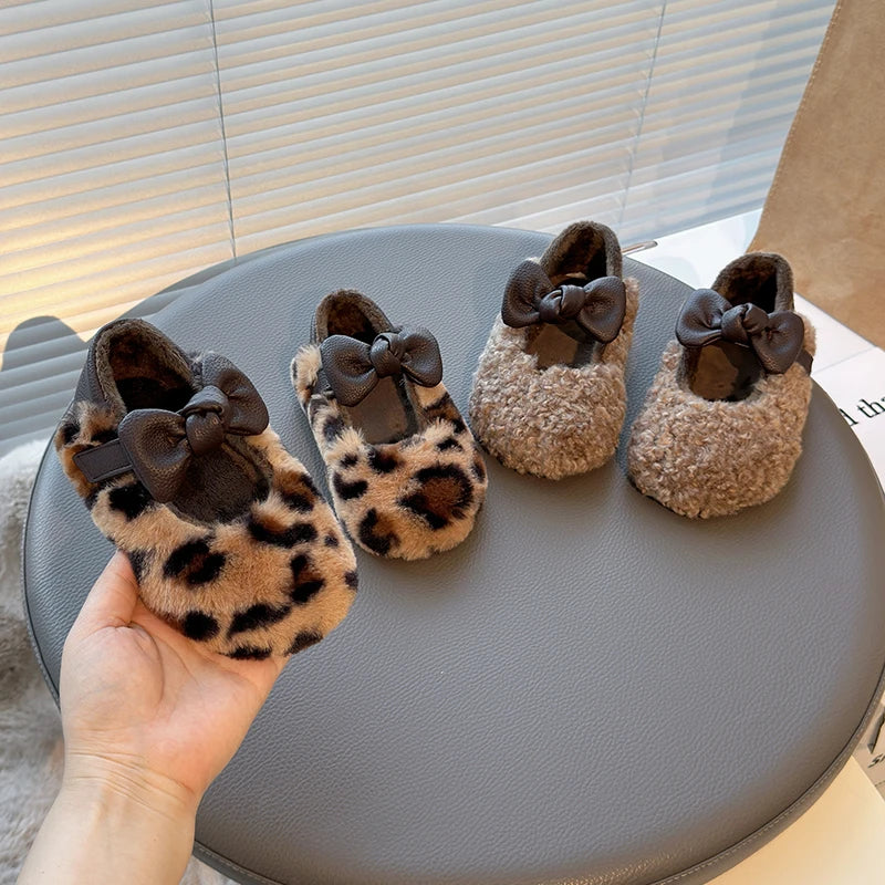 Girls' Fluffy Winter Flats with Leather Bow